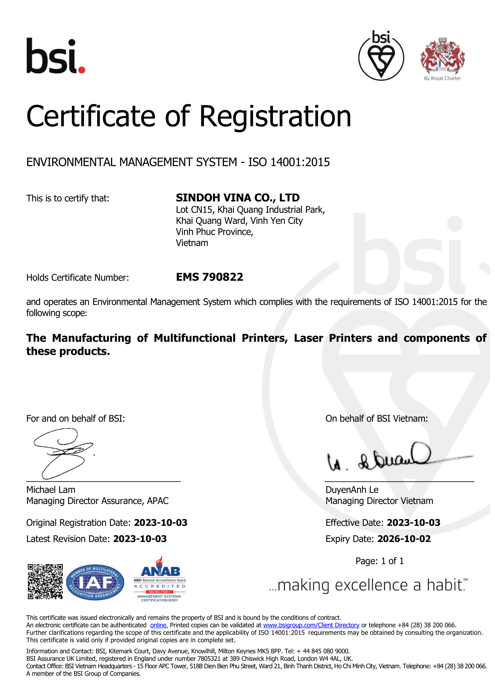 ISO 14001 Sindoh VINA